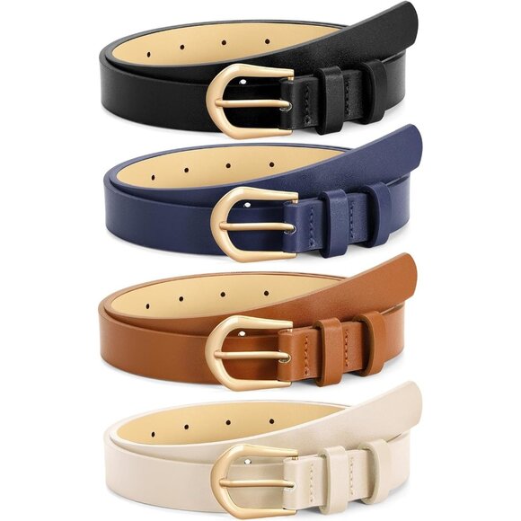 4 Pack Women's Thin Leather Belt Waist Belts  Jeans Dress with Gold Buckle 1 - Picture 1 of 6